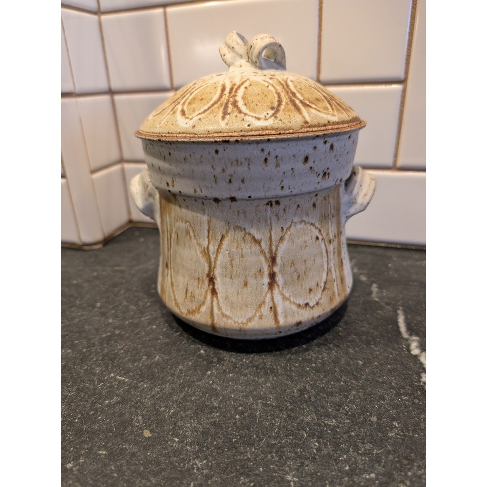 Handmade Ceramic Lidded Jar Pot Vessel Rustic Brown Tan Stoneware Signed
