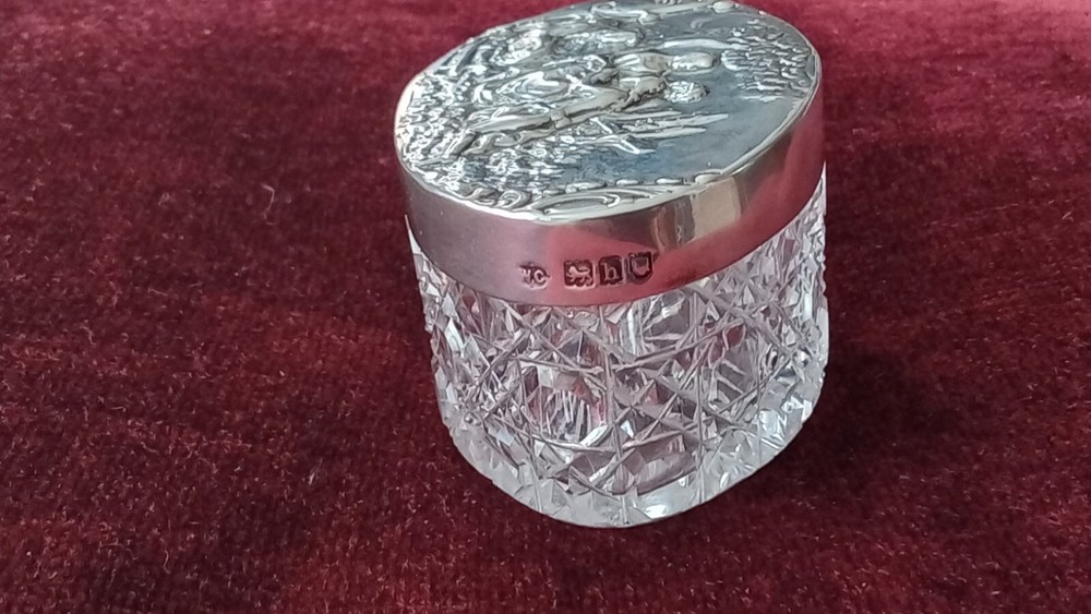 William Comyns Sterling Silver And Cut Glass Trinket Box.