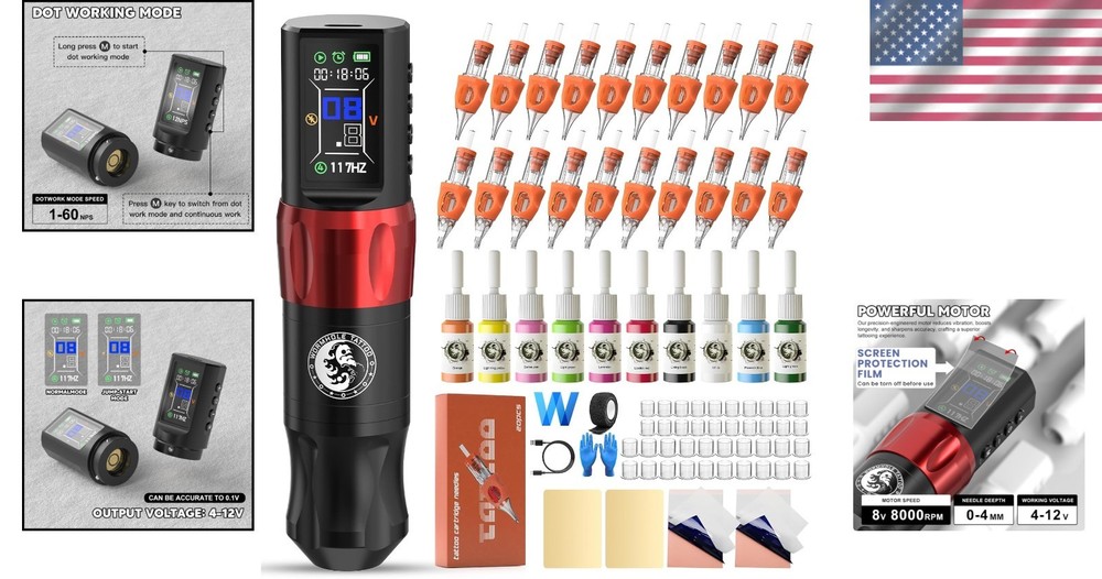 Pro Wireless Tattoo Machine Kit Black Cordless Pen 6Hr Battery Timer Modes