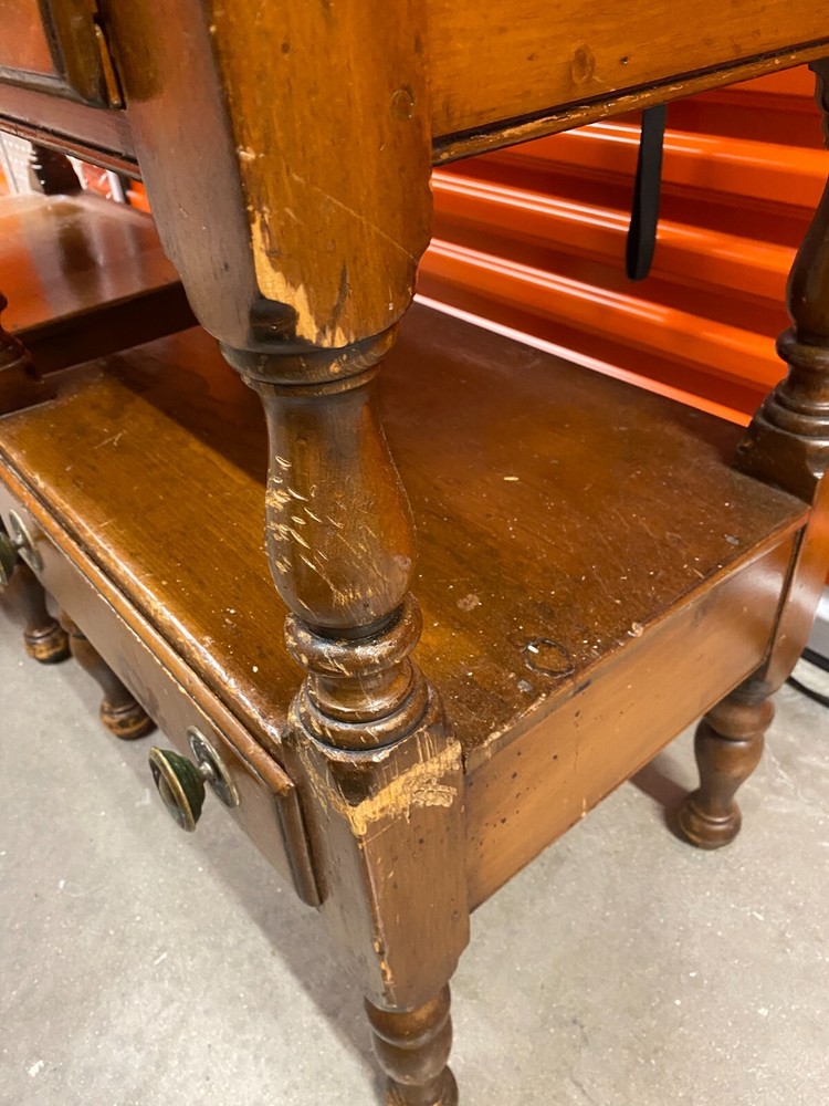 Vintage Solid Wood Nightstands / Side Tables Turned Legs w/Brass Pulls