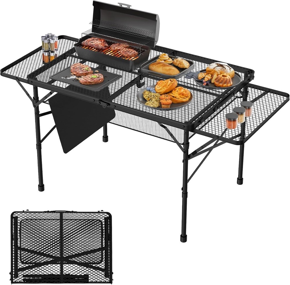 Folding Camping Table – 3x2FT with Mesh Desktop & Adjustable Wings, Black