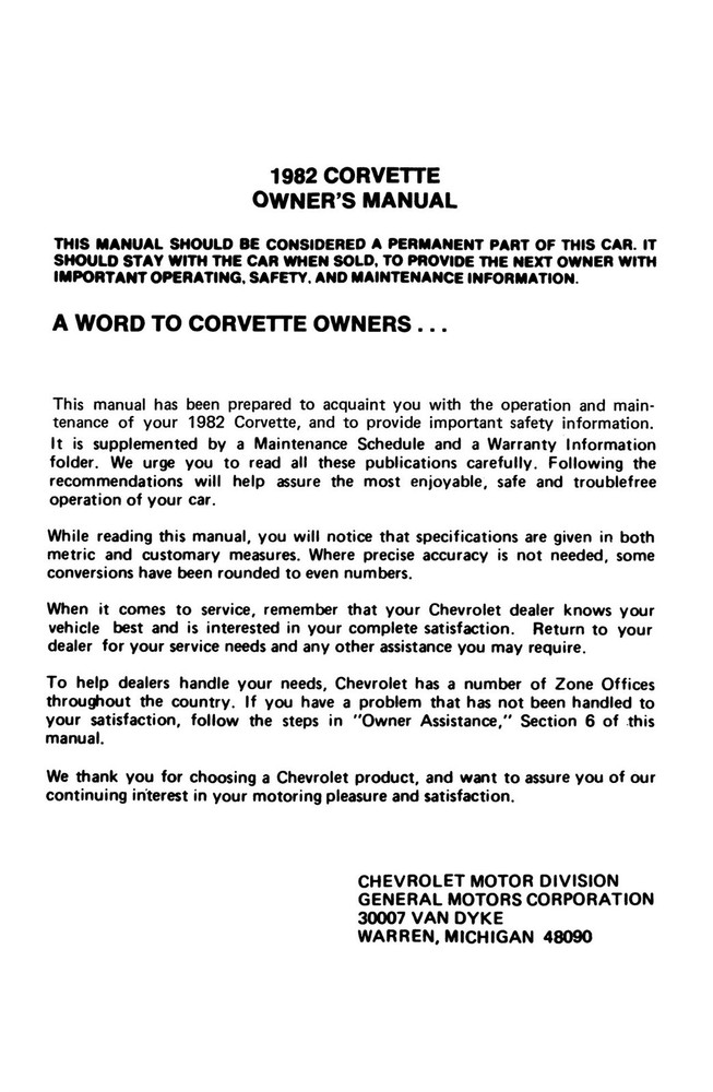 1982 Chevrolet Corvette Owner's Manual