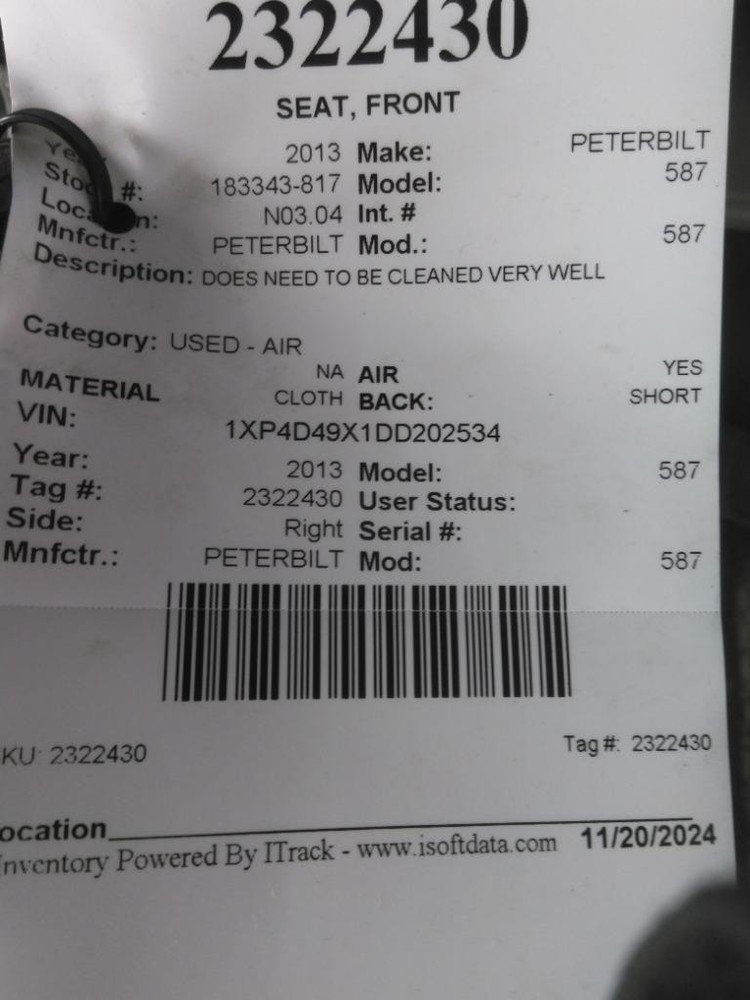 Replaces 2013 PETERBILT 587 FRONT SEAT , MS
