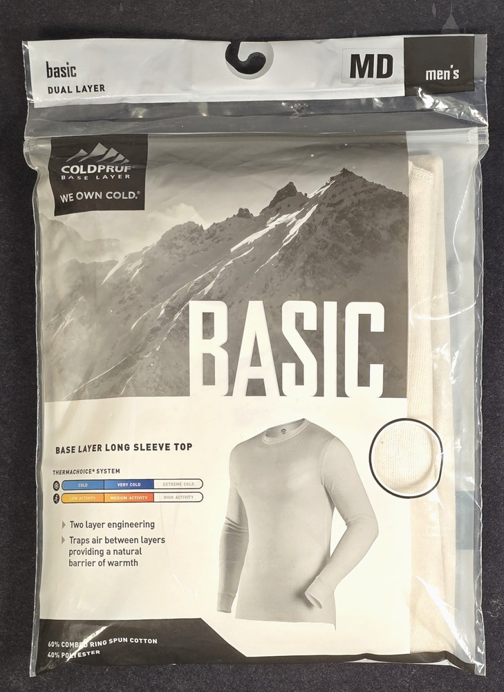 (4) COLDPRUF Base Layer Basic Men LS White Crew Neck 2 Layer Thermachoice Medium