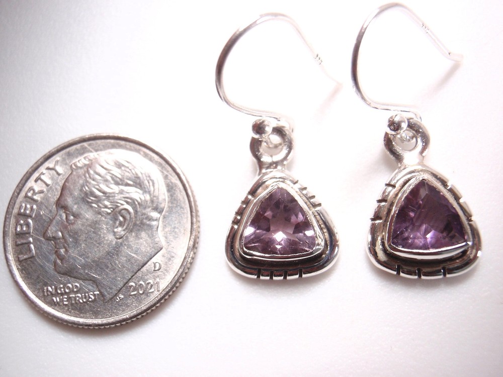 Faceted Amethyst Triangle 925 Sterling Silver Dangle Earrings Small