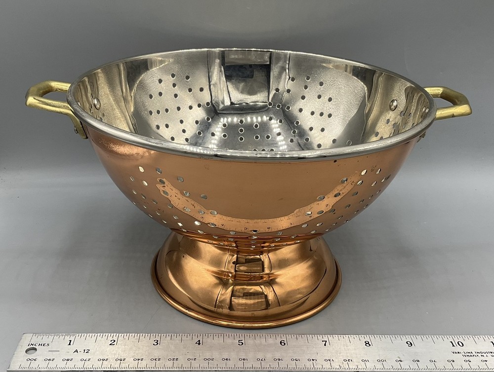Vintage Solid Copper Colander Tin? Lined Strainer w/Brass Handles Korea