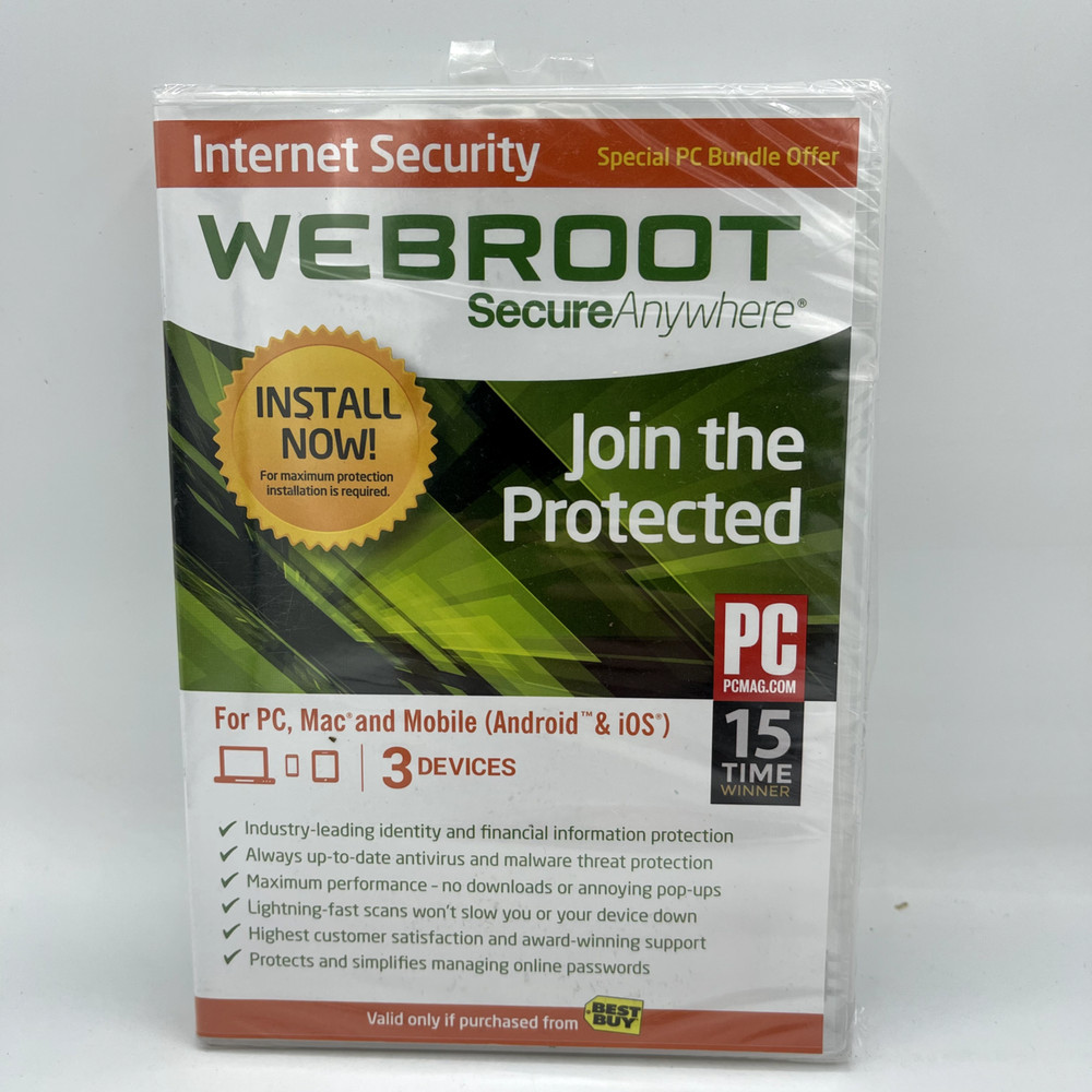 Webroot Secure Anywhere Internet Security 3 Devices for PC/MAC/Mobile NEW/SEALED