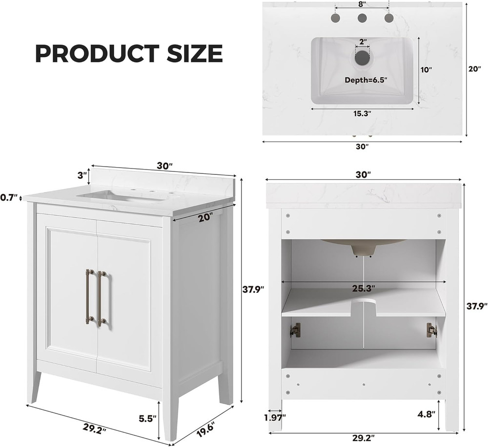 30" Modern Bathroom Vanity with Sink, Soft-Close Doors & Engineered Stone Top