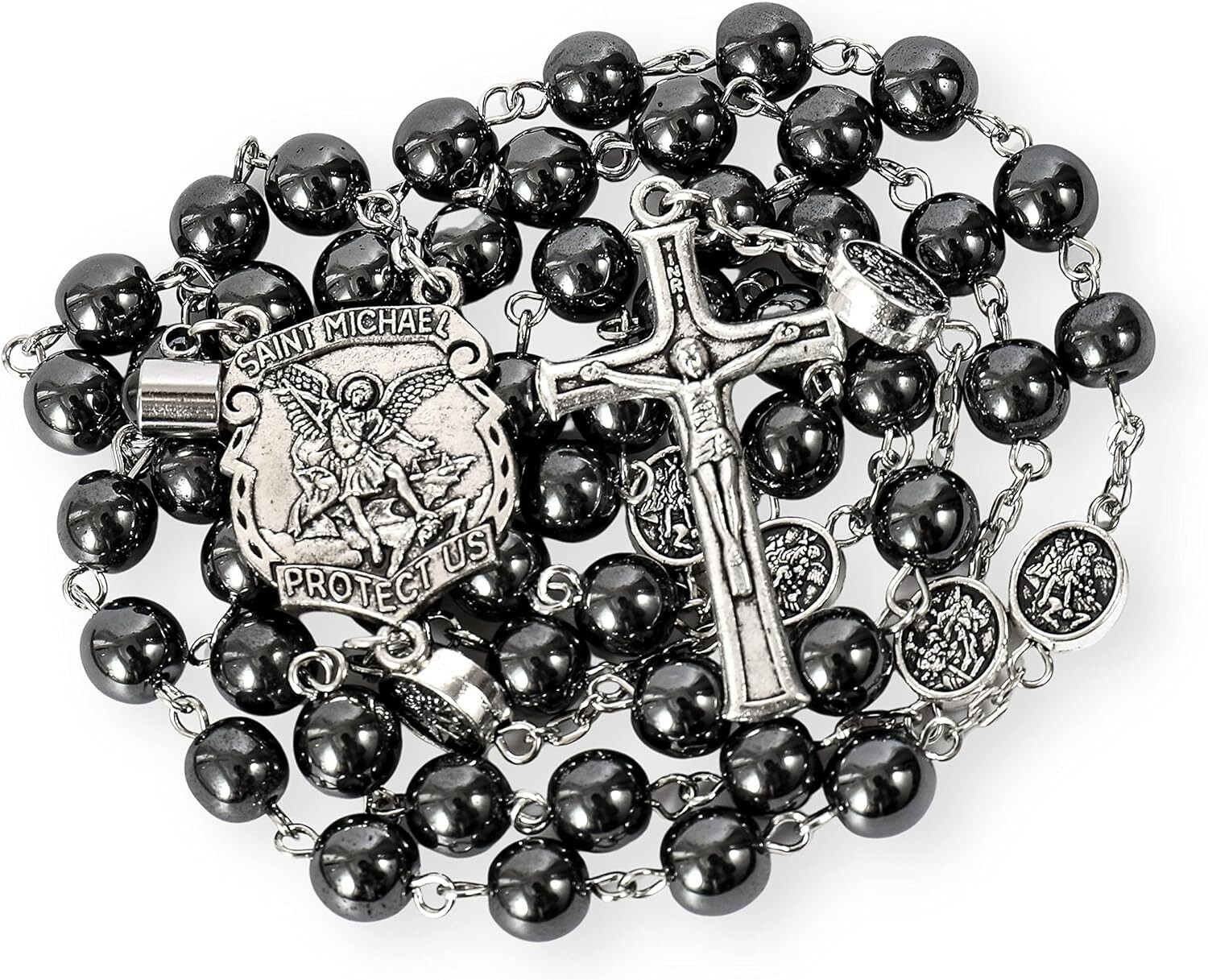 Hematite Black Stone Beads Rosary Necklace with St Michael Centerpiece, Crucifix