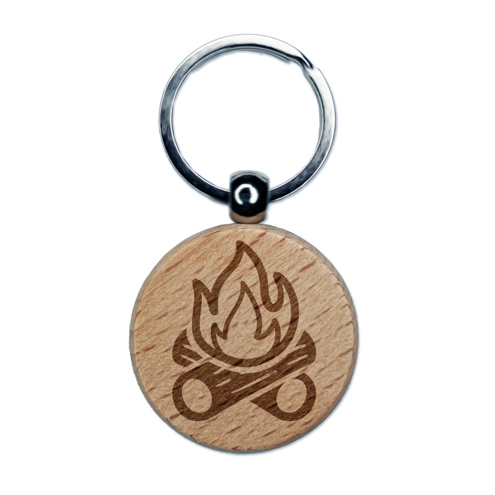 Campfire Cartoon Engraved Wood Round Keychain Tag Charm