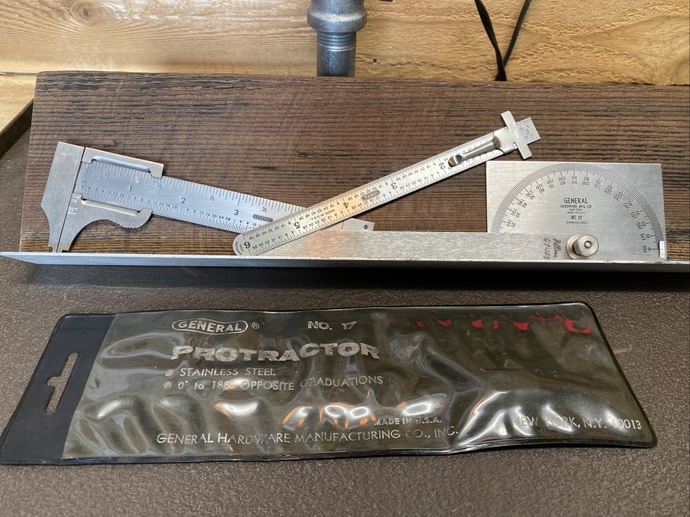 GENERAL HARDWARE MACHINISTS PROTRACTOR , CALIPER, POCKET RULER, 3 PC SET - Nice
