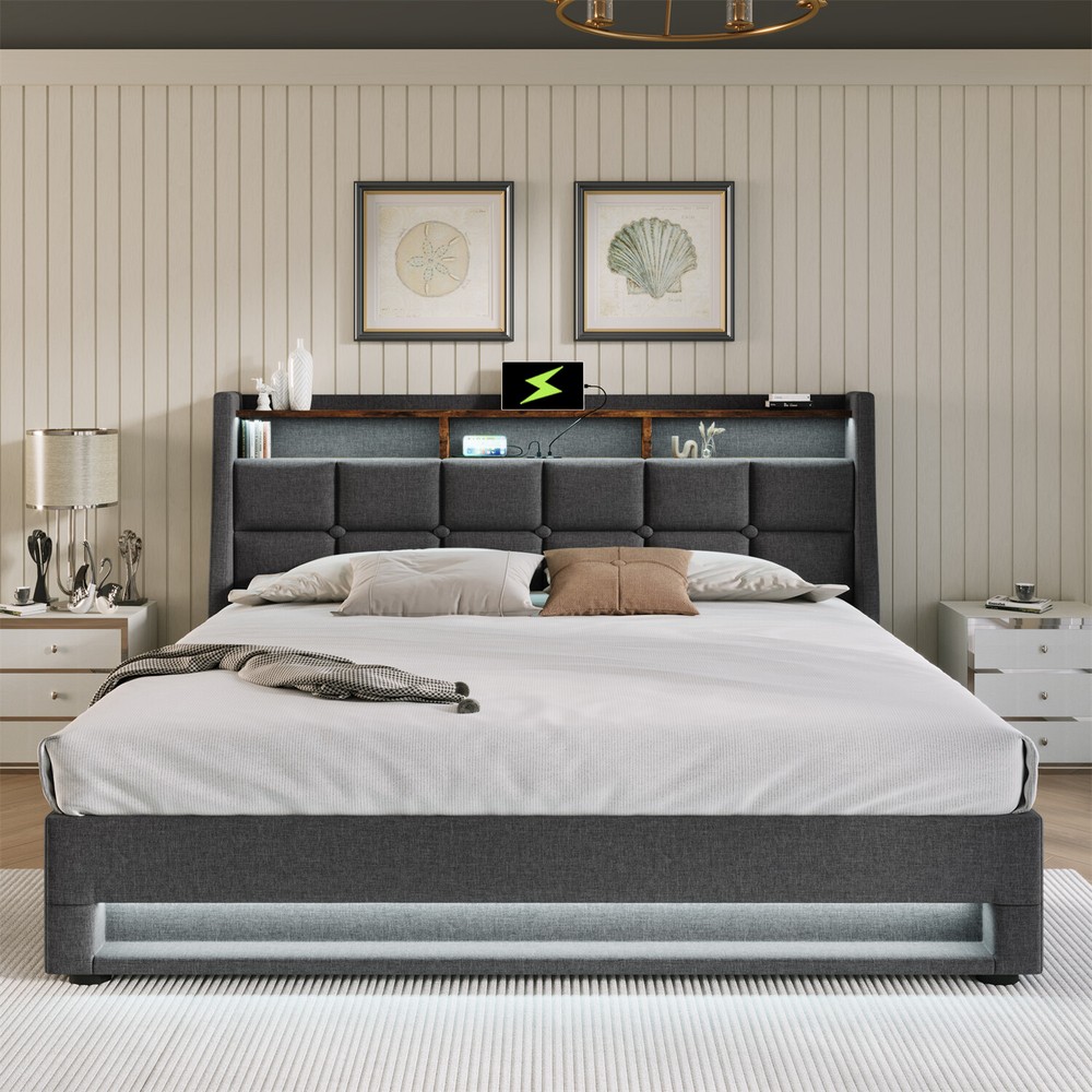 Queen Size LED Bed Frame Upholstered Platform Bed with Hydraulic Storage System