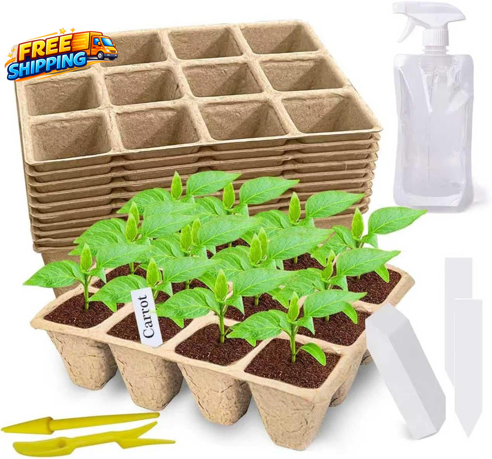 120 Cells Seed Starter Tray 10 Pack Biodegradable Peat Pots with 100 Labels