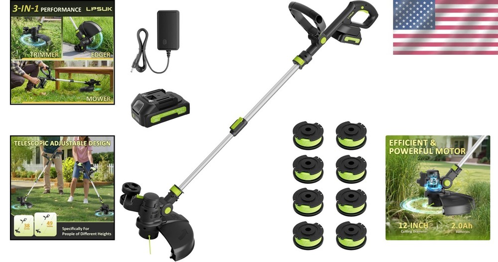 Electric Lawn Mower & Edger Combo, 2.0Ah Battery