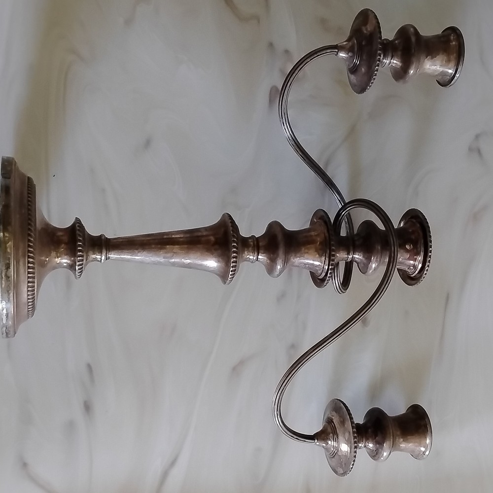 Antique Silver-Plated 3-Arm Candelabra with Monogram 'B'