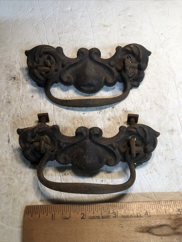 2 ANTIQUE Brass DRAWER PULLS  VICTORIAN DROP HANDLE 3” centers