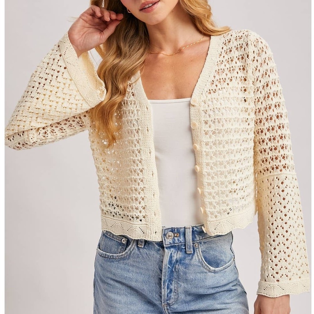 Button-Down Open-Knit Crochet Cardigan Ecru Small