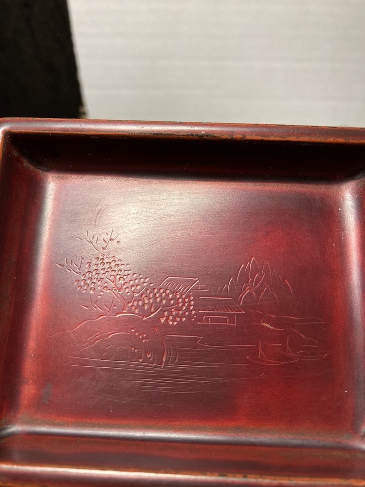 Maruni Lacquerware Coffee Table Cigarette Box, 2 Ashtrays Occupied Japan Signed