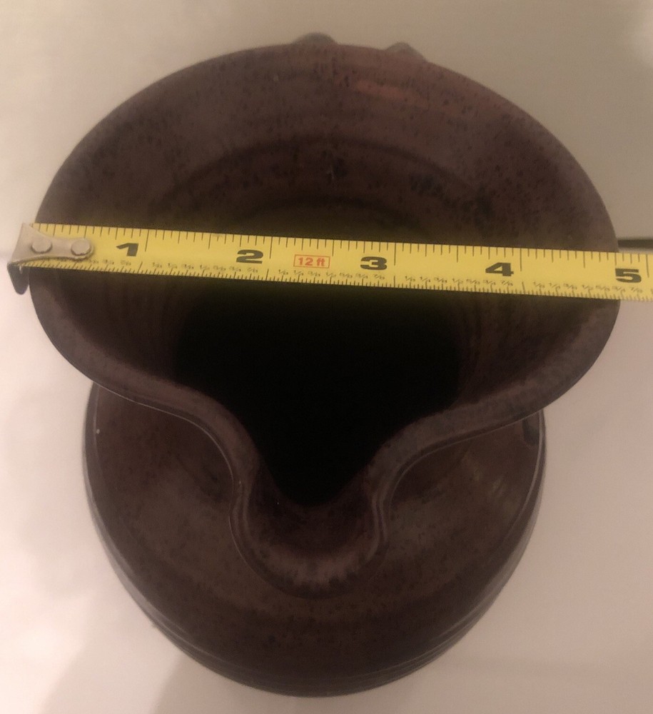 Art Pottery Ceramic Pitcher Rustic Drip Glaze Ribbed Pattern Scroll Handle 11.5”