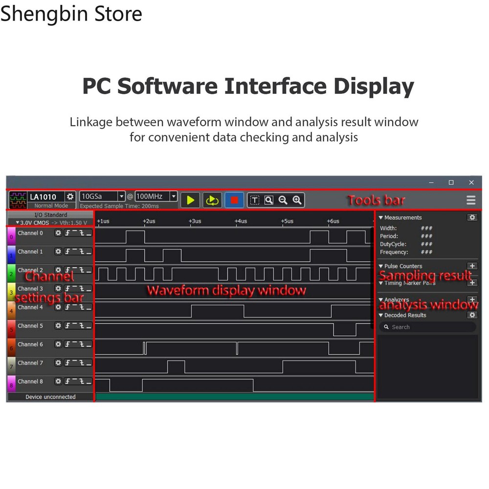 16 Channels Logic Analyzer USB 2.0 Interface 100MHz Sampling Rate Supports M0S9