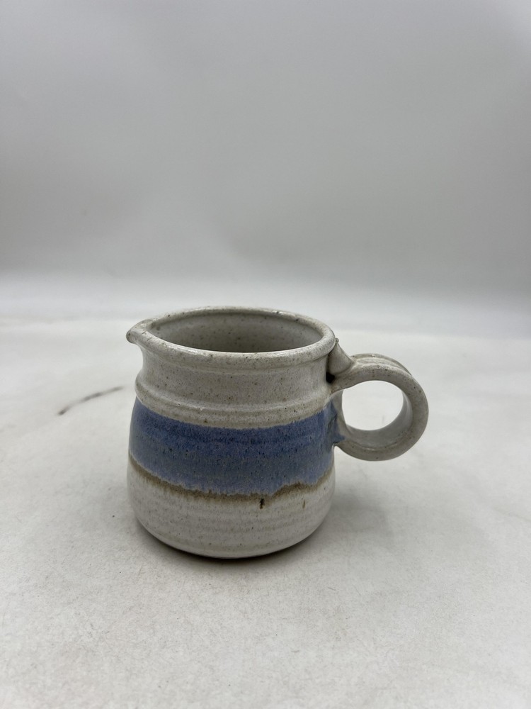 Handmade Studio Pottery Stoneware Creamer Mini Pitcher Blue Band Speckled