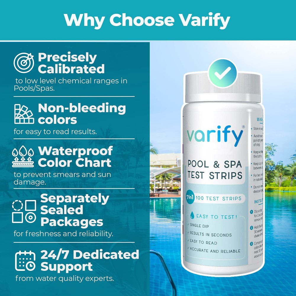 Varify 7 in 1 Pool and Spa Test Strips- Easy to Use Water Testing Kit for...