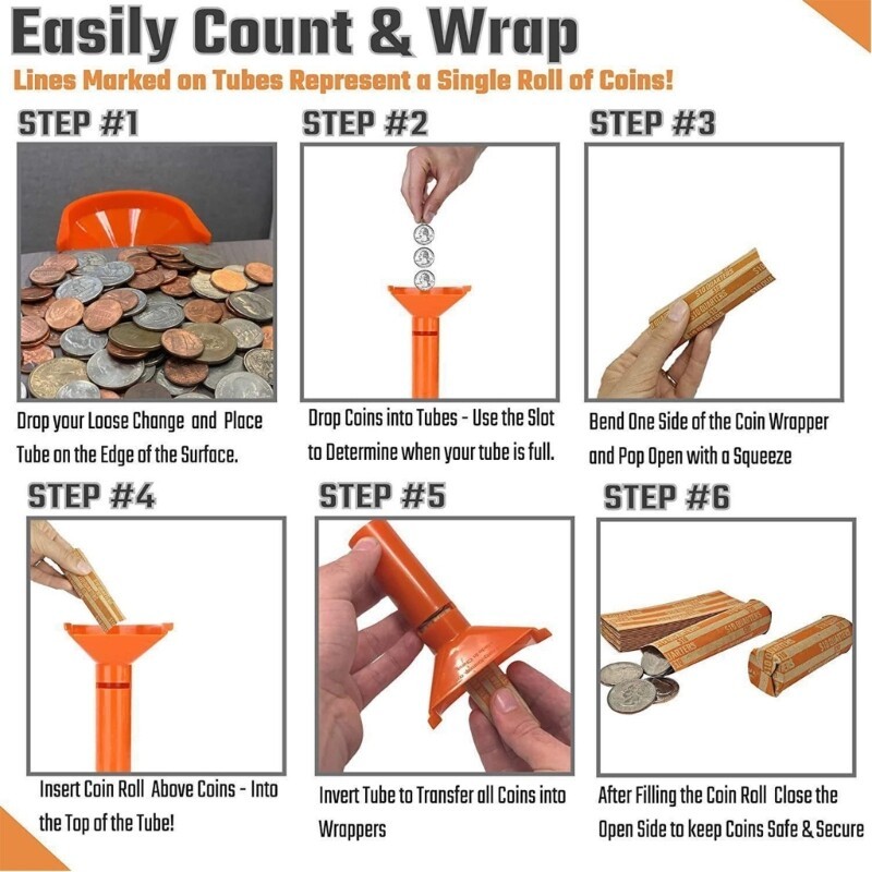 4Pc Coin Counters & Coin Sorters Tubes Bundle of 4 Color-Coded Assorted Wrappers
