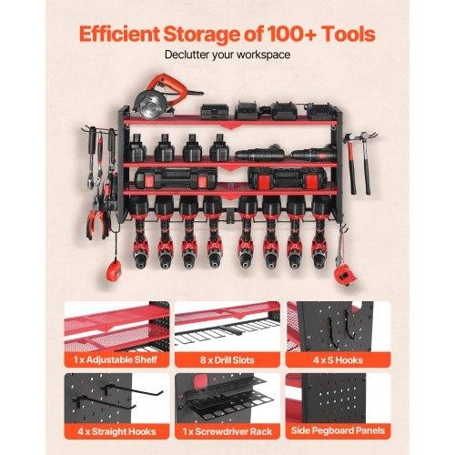 Power Tool Organizer Wall Mount 4Layer Storage Rack with 8 Drill Holders
