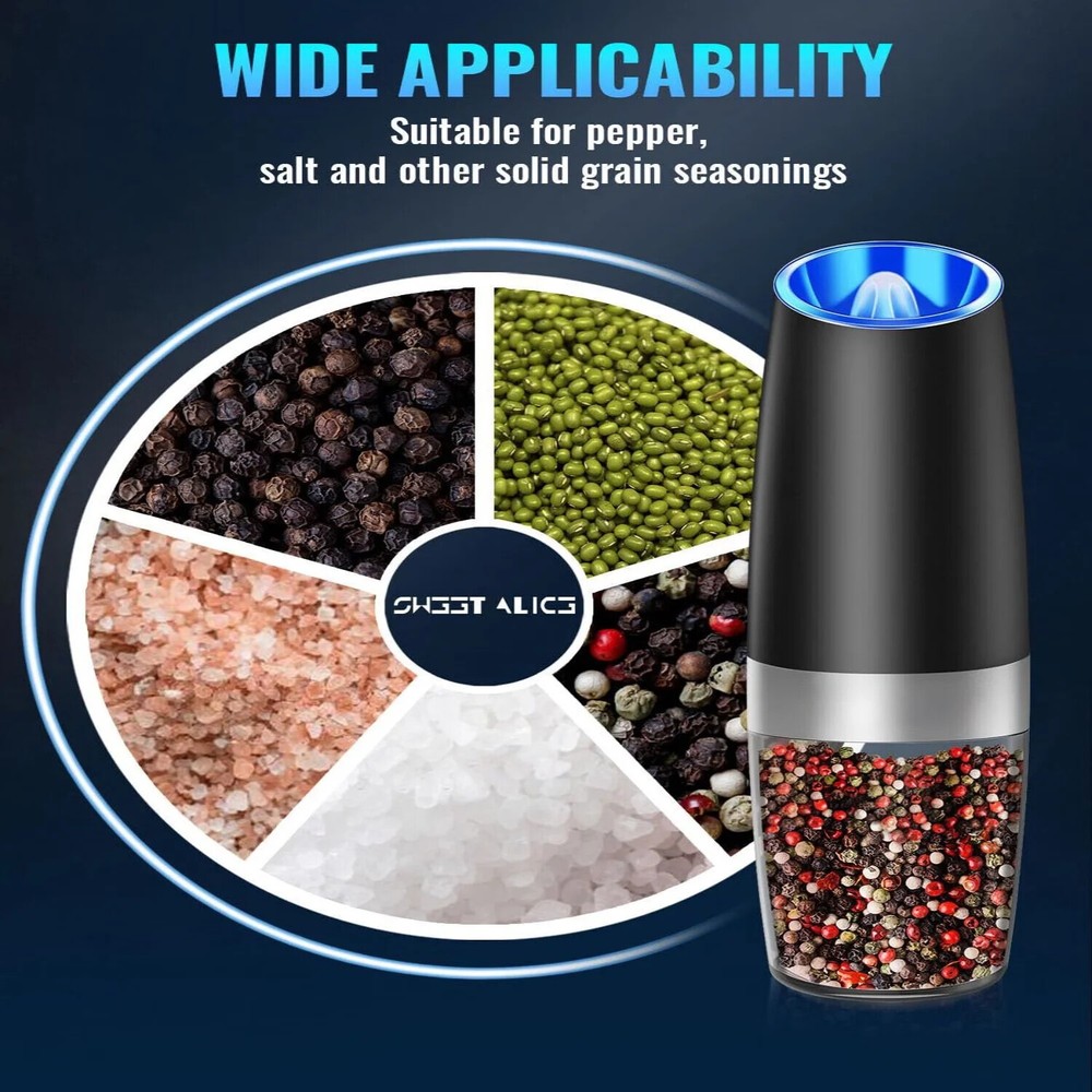 2Pcs Electric Salt and Pepper Grinder Set, Gravity Sensor, Automatic Pepper Mill