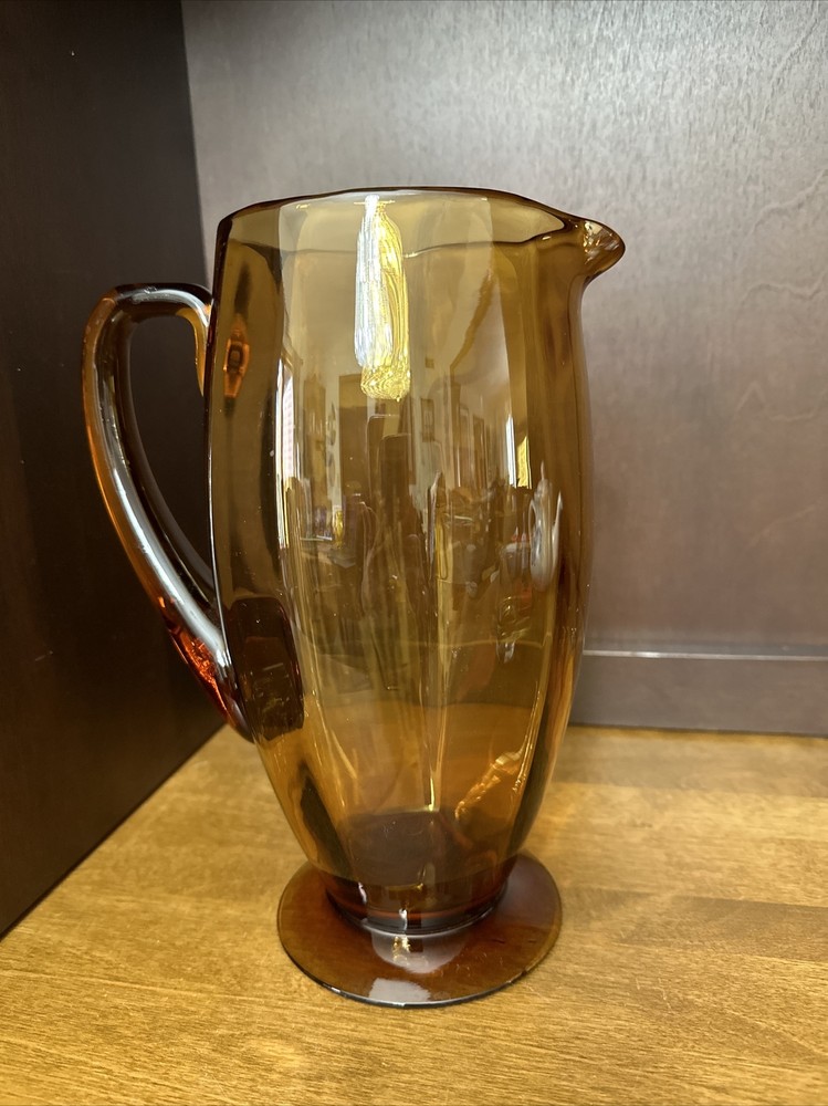Glass Handled Pitcher Amber Honey Optic Panel 9.5”