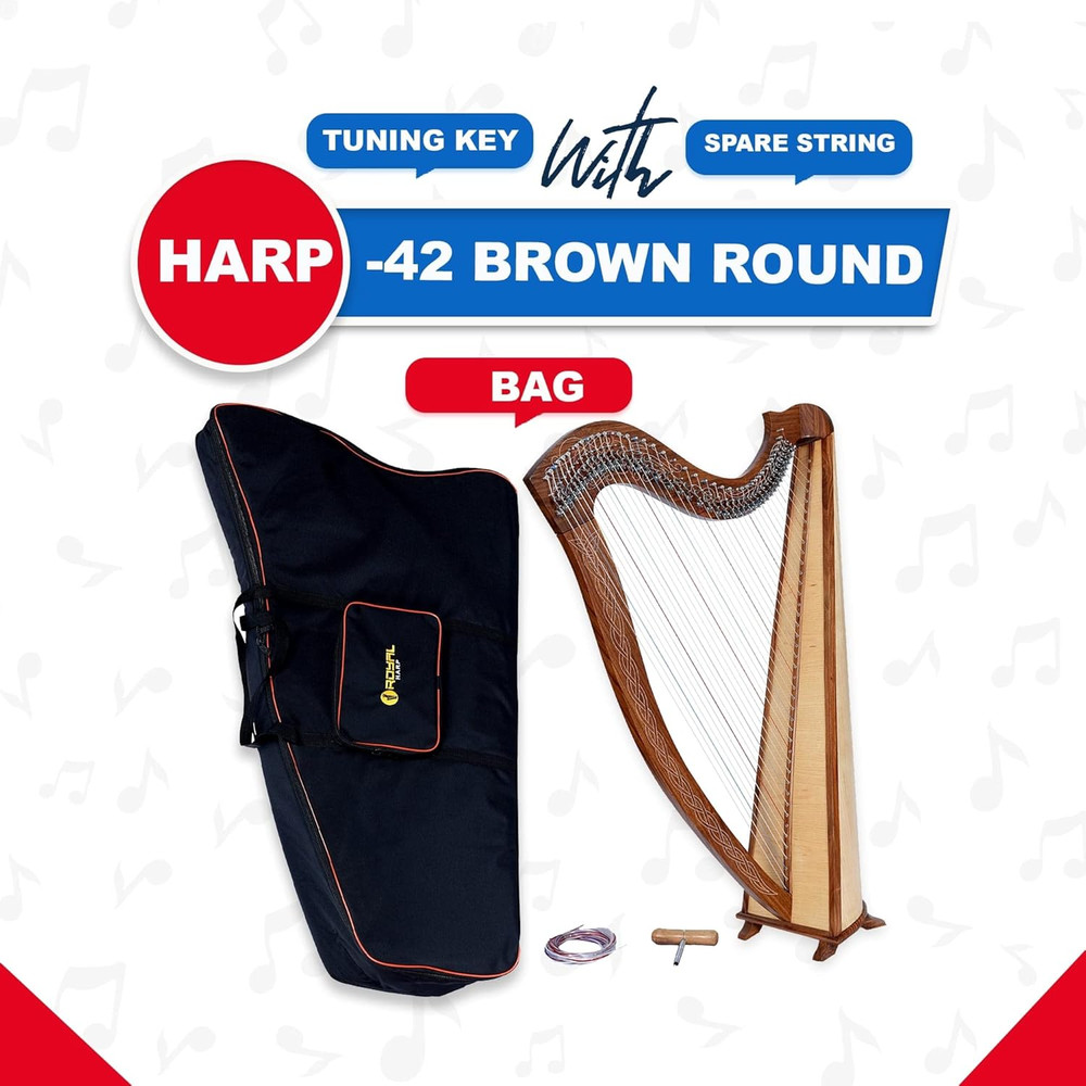 42 Strings round Brown Celtic Irish Lever Harp with Extra Strings and Tuner