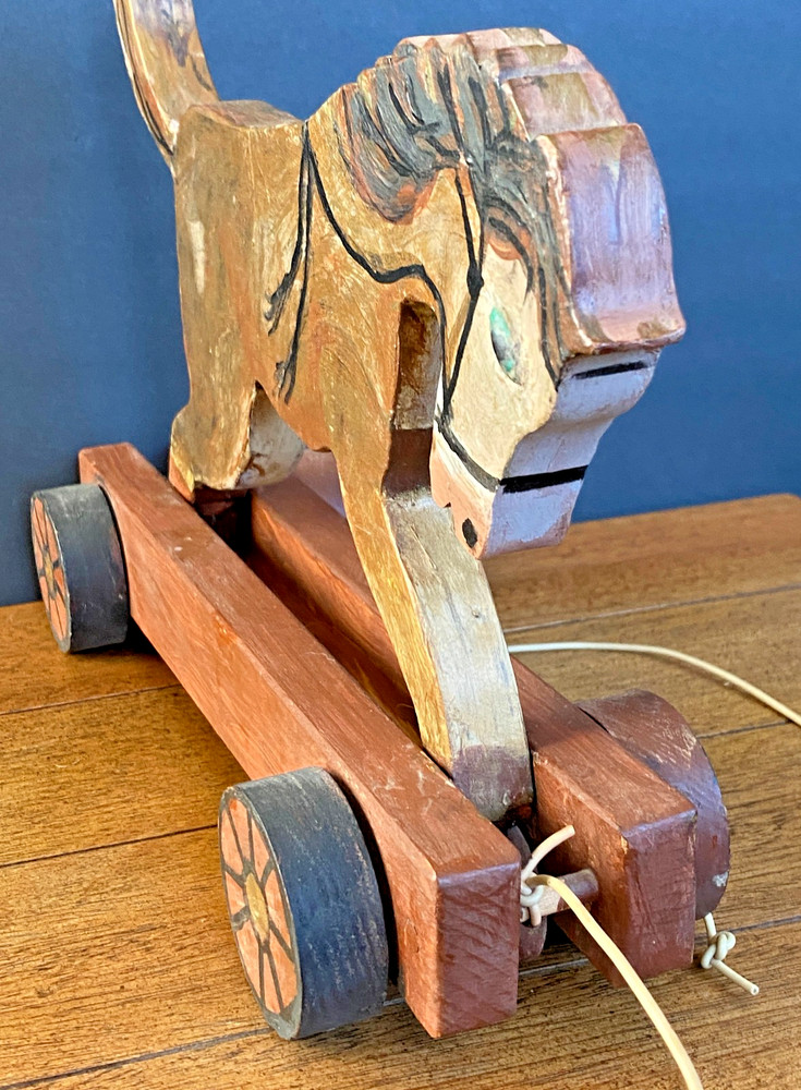 Antique Wooden Horse Pull Toy On Wheels - W/ Pull String & Manually Bucks Up
