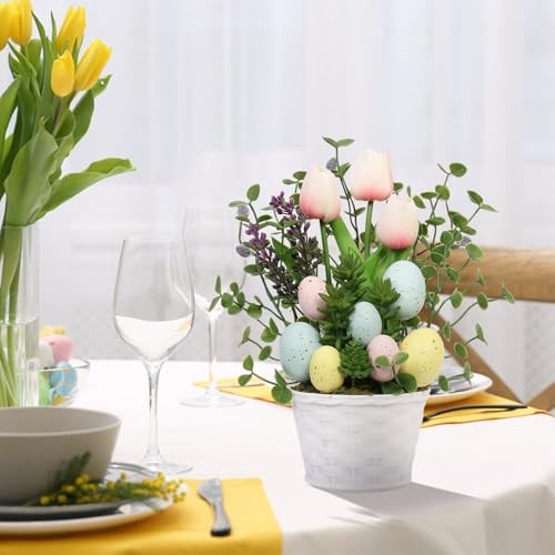 Easter Decorations, Artificial Easter Egg Tulip Flower Potted Table Pink