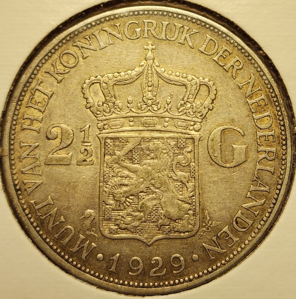 1929 Netherlands 2 1/2 2.5 Gulden Silver Coin