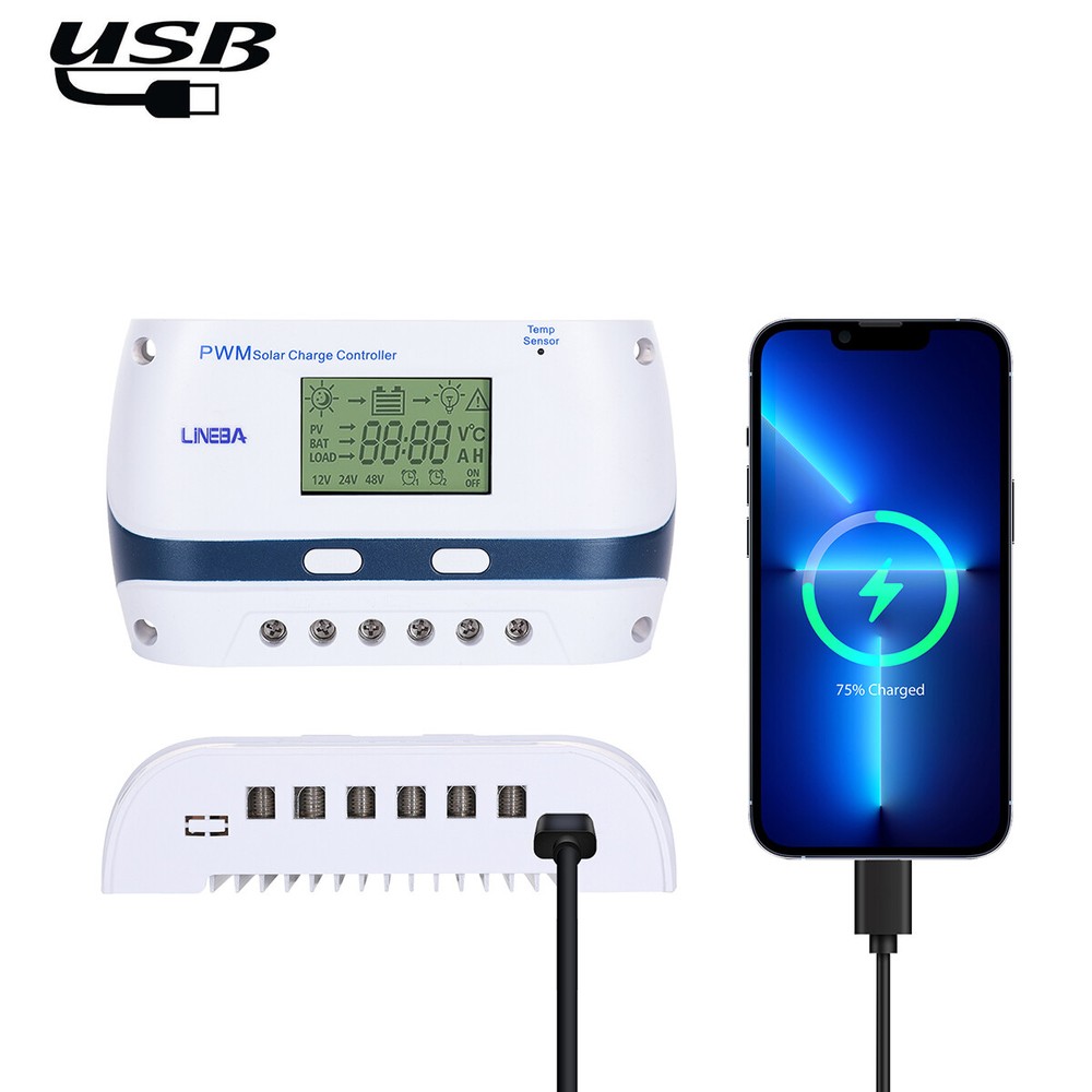 100A 60A 30A PWM Solar Panel Regulator Charge Controller Auto 12V/24V/48V USB