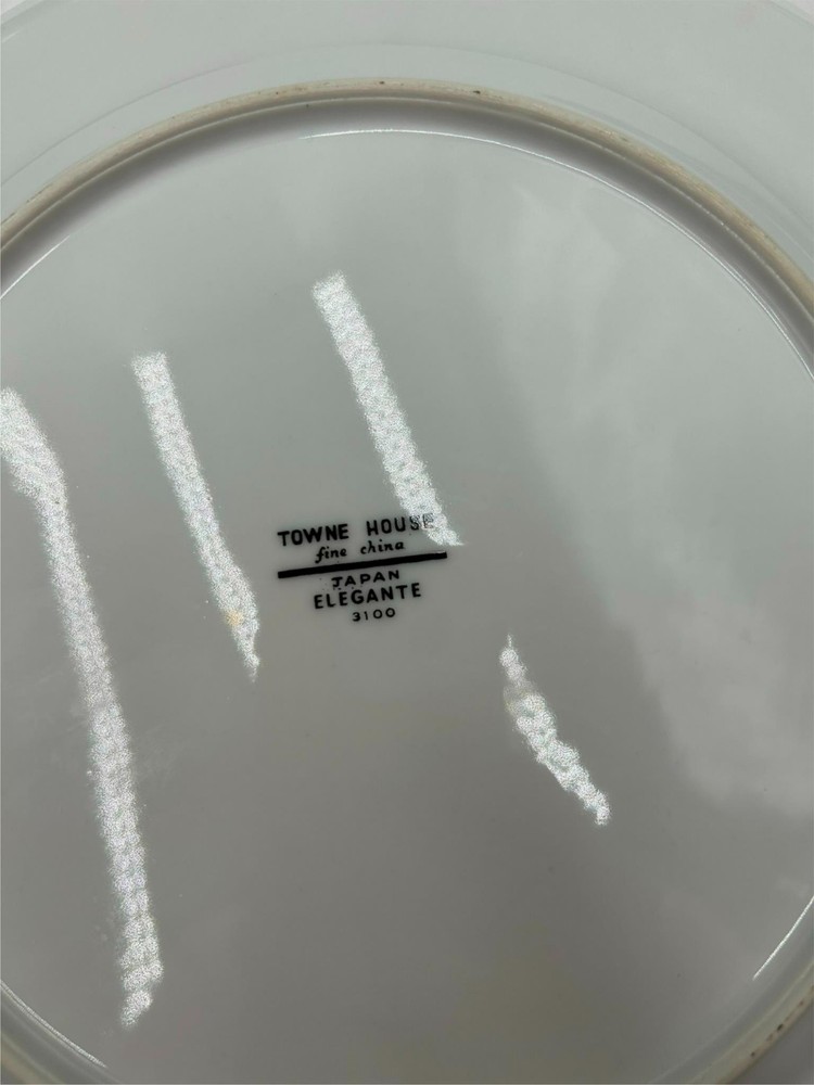 2) TOWNE HOUSE ELEGANTE DINNER PLATES GRAY SCROLL EDGE ON WHITE