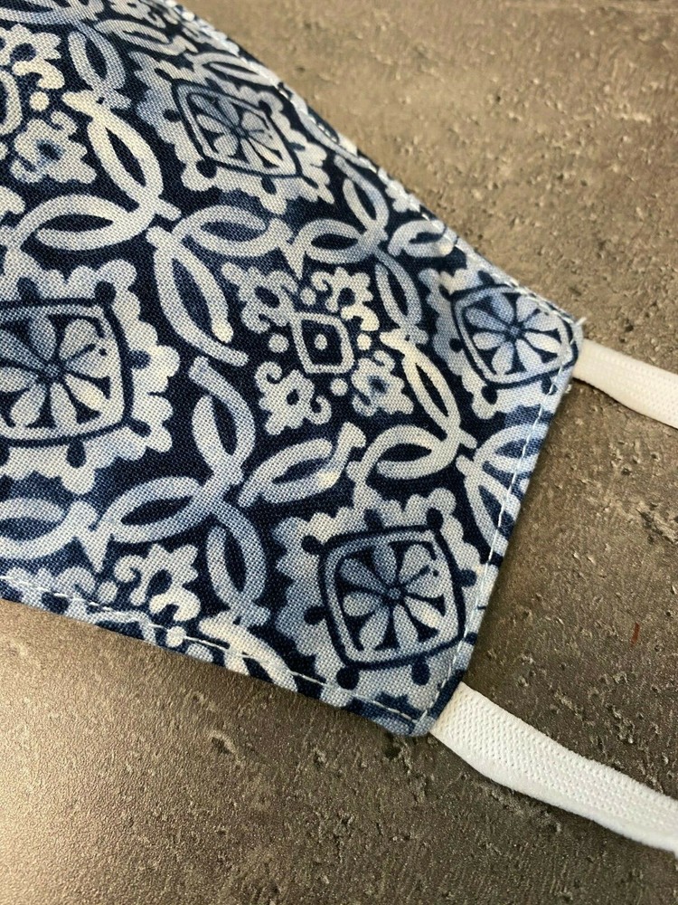 Reversible/Reusable 2-in-1 Two Way Blue Geometric Gingham Face mask Navy Blue
