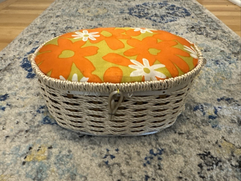 Vintage Wicker Sewing Box Basket Satin Lining - With Notions