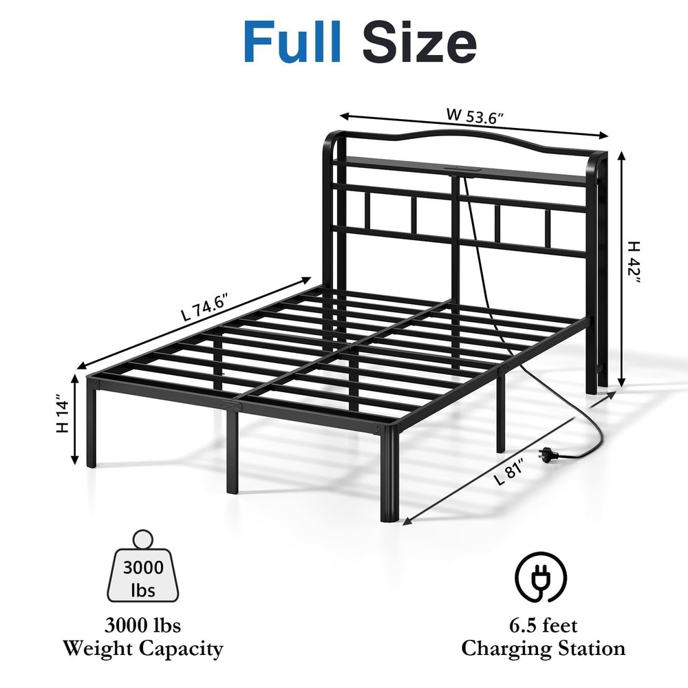 Full Size Bed Frame - Storage Headboard with Charging Station, 14 Inch Sturdy...
