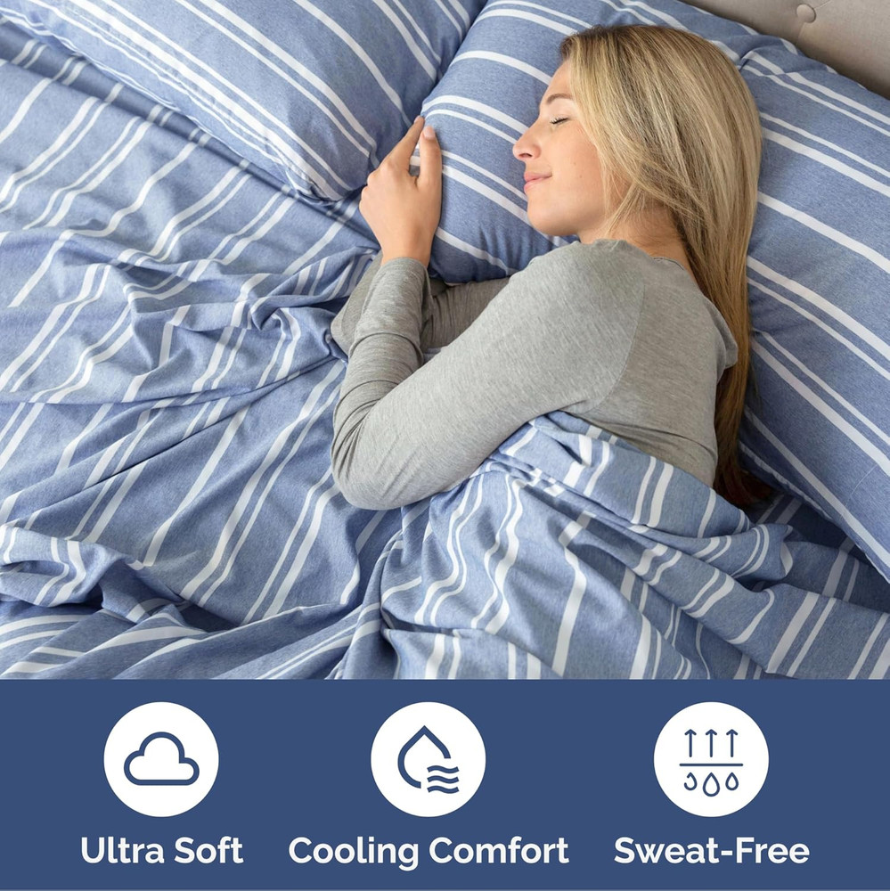 Cooling Extra Deep Split King Sheet Set - 7 Piece Luxury Bedding - Blue Stripes