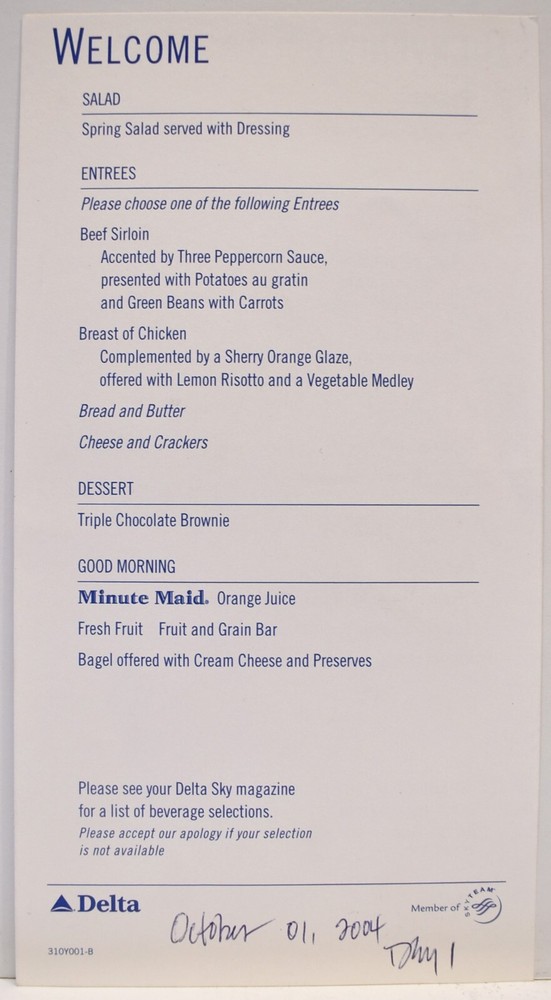 2004 Delta Airline Flight Airplane Menu