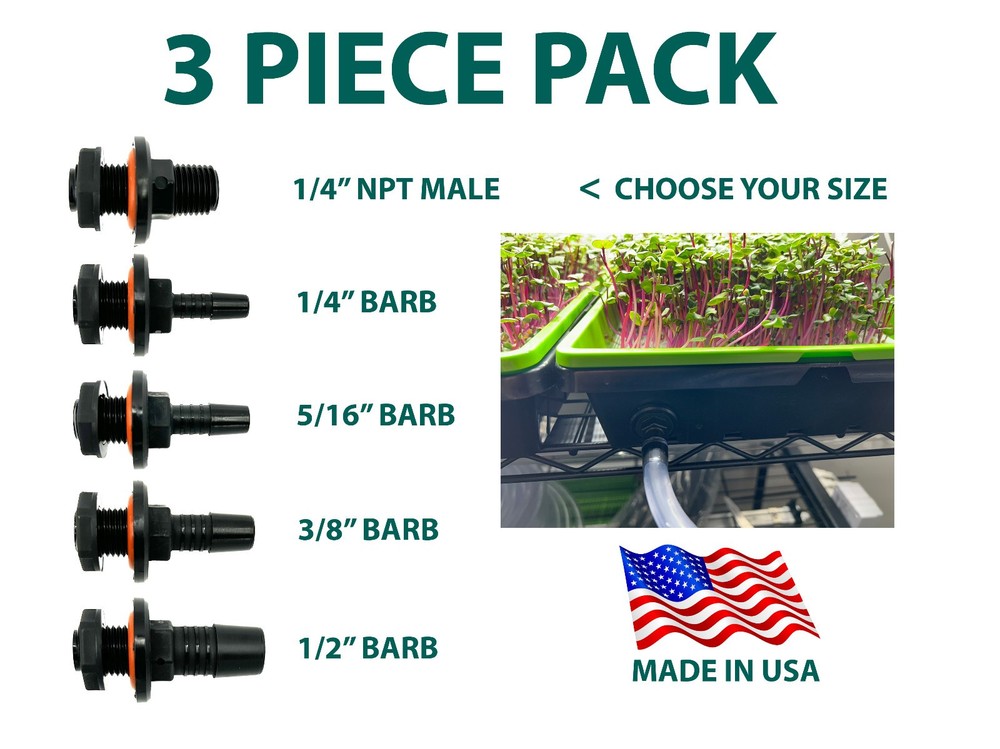QTY 3 Bulkhead Fitting 1/4 NPT X Barb or Thread *BEST SEAL* Hydroponic Ready