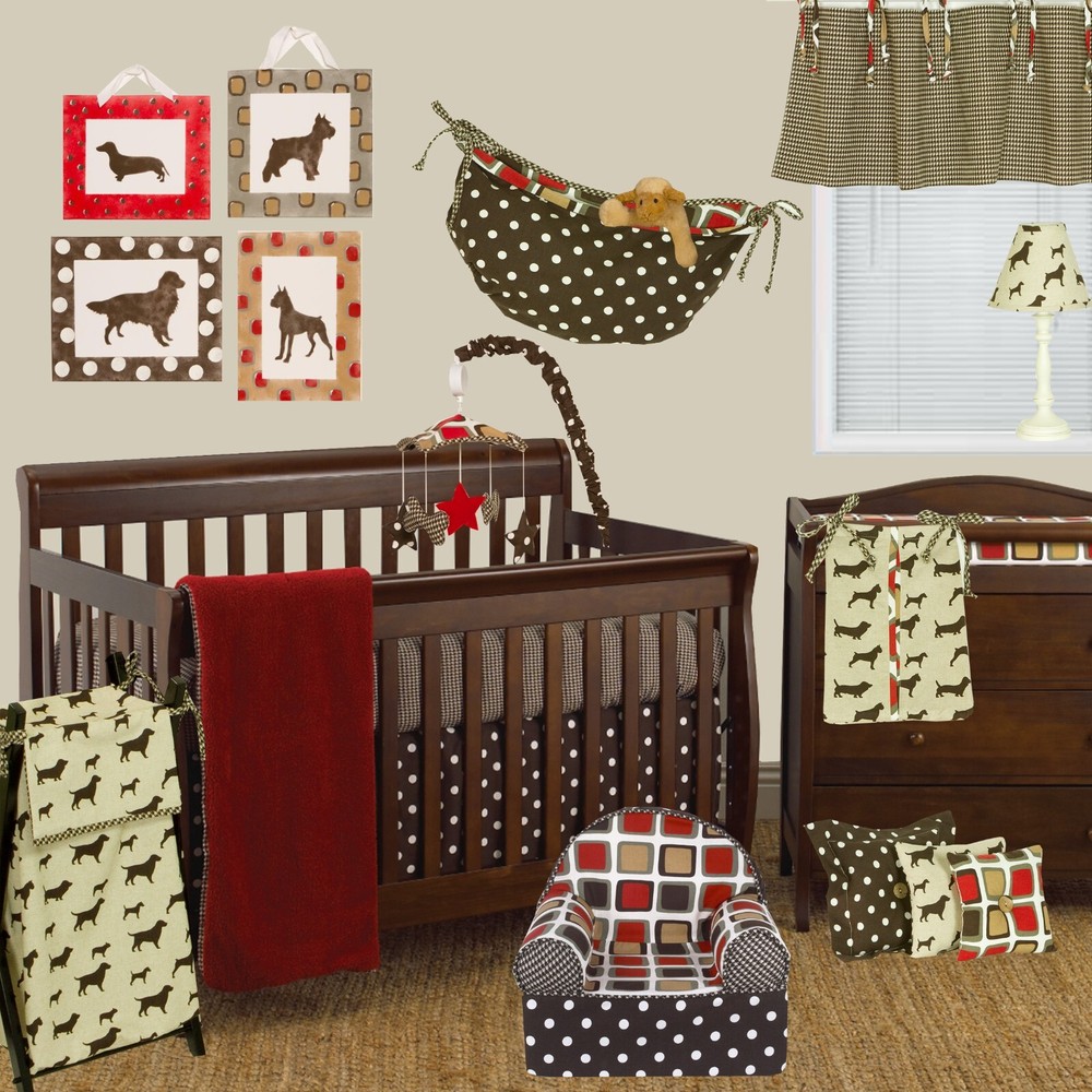 Red Brown Dog Houndstooth Crib Bedding Set Hamper Valance Sheet Diaper Stacker