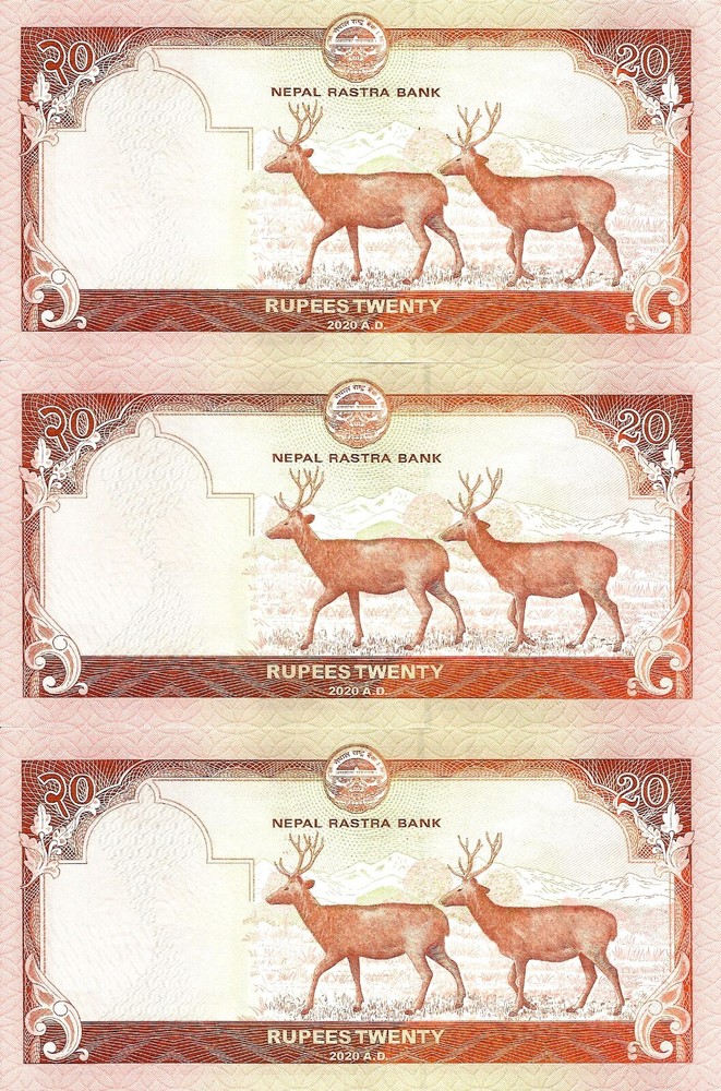 Nepal 3x 20 rupees 2020 P-78b UNC consecutive