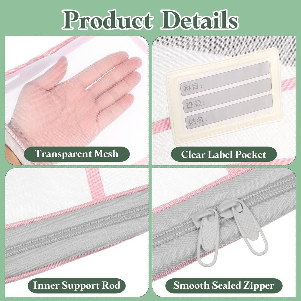 2Pack Mesh Zipper Pouch, A4 Mesh File Bag with Strap and Rod, Pink