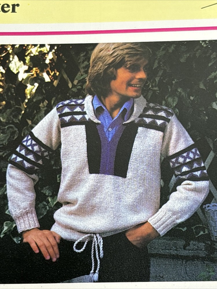 Fairisle Drawstring Sweater for Men Knitting Pattern Card