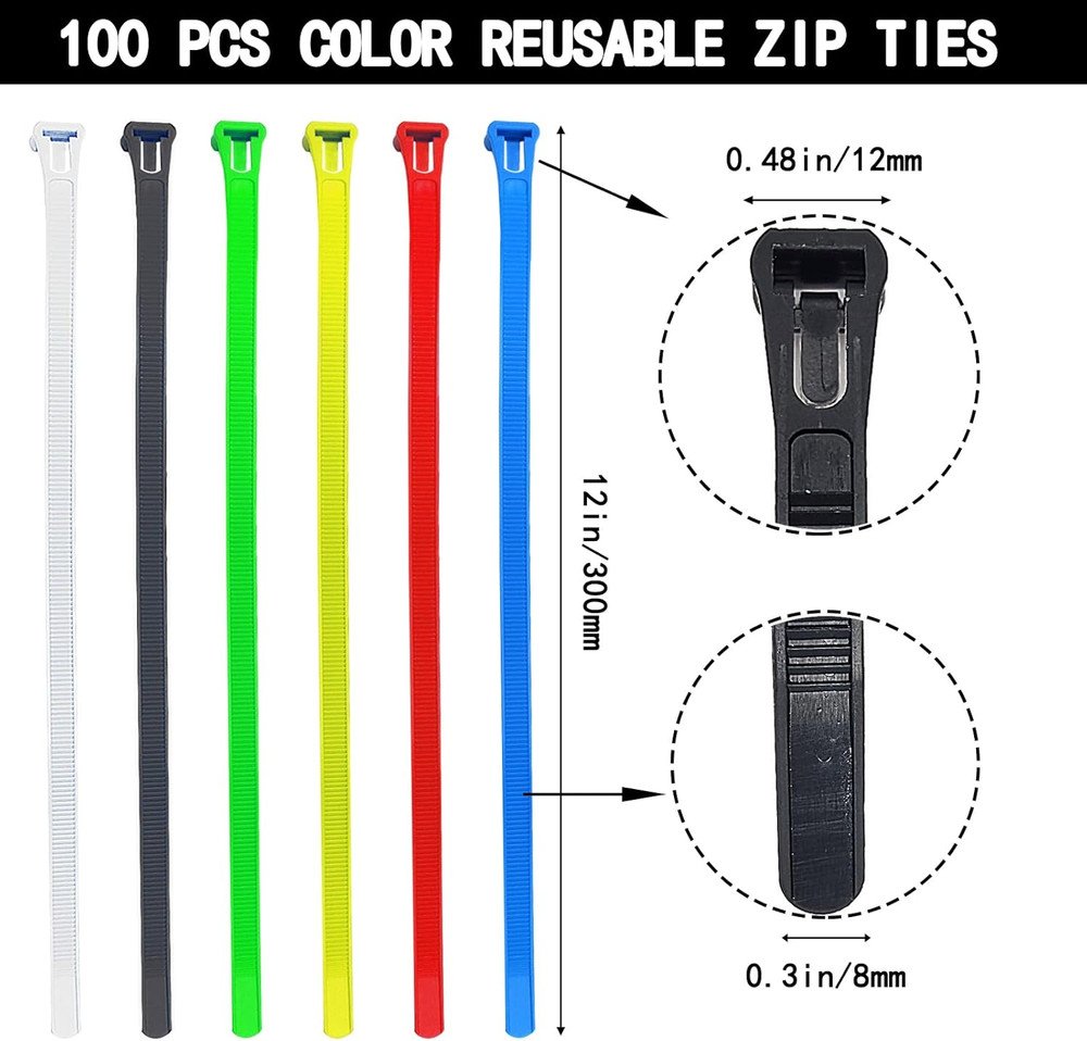 100 Pack 12" Reusable Colored Zip Ties Heavy Duty 50lb Self-Locking Nylon