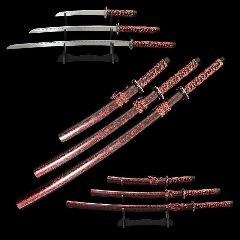 Red Black Japanese Style Katana Set Display Unsharpened
