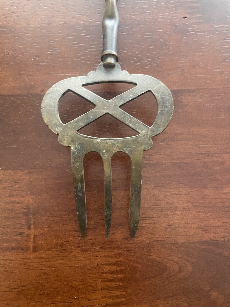 Antique Brass Fireplace Toasting Long Fork 18" Tear Drop Loop Hook Twist X