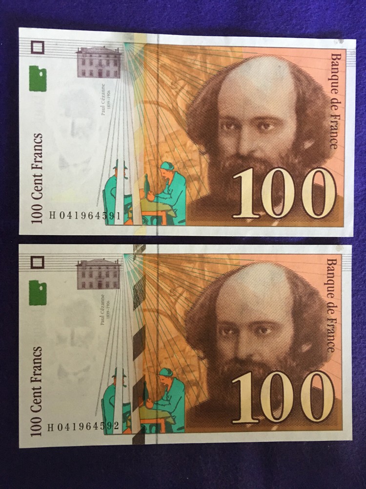 FRANCE 1998 PAUL CEZANNE 100 FRANC NOTES / 2 SEQUENTIAL NUMBERED NOTES